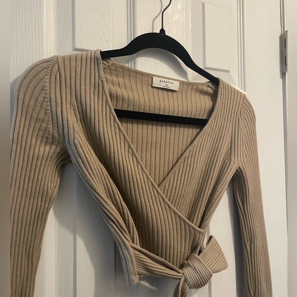 Babaton Tan Ribbed Wrap Sweater